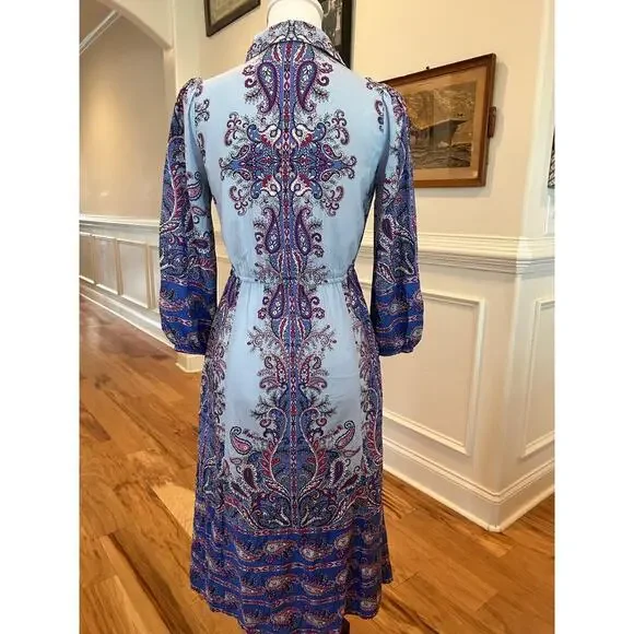 Loft Paisley Midi Shirt Dress - Blue & Purple - Petite XS - Picture 8 of 10